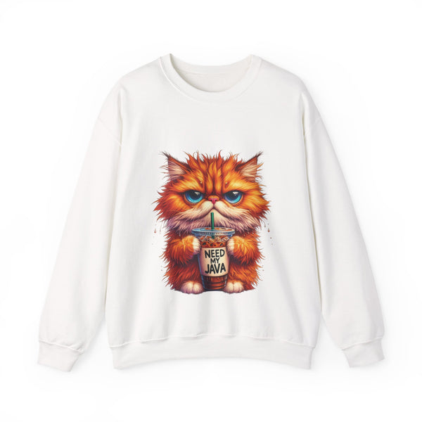 White sweatshirt with a graphic of a cat holding a coffee cup and 'Need My Java' text on a white background.