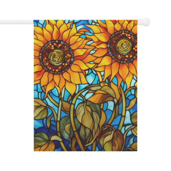 Decorative flag with sunflower design on a white background
