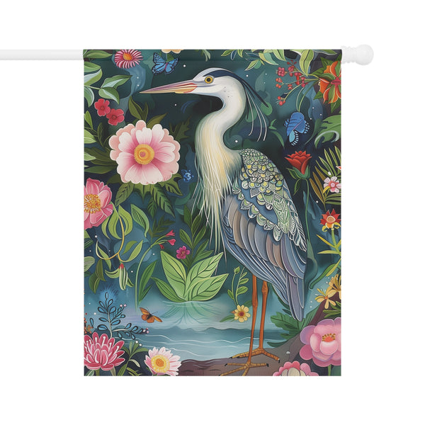 Decorative flag with a heron and floral design on a dark background