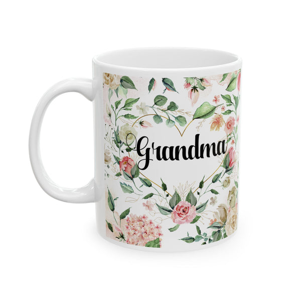 White mug with floral design and 'Grandma' text on a white background