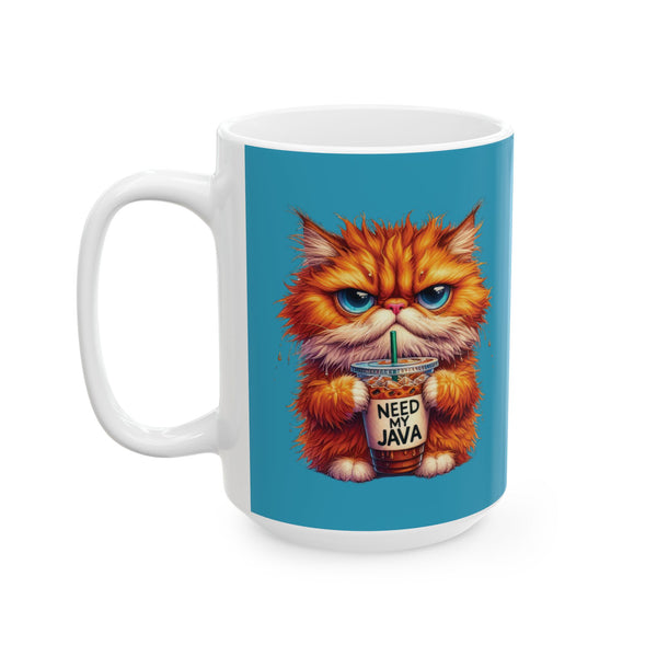 Grouchy Tabby Cat Coffee Mug Funny Angry Kitty Cup | Need My Java Morning Gift