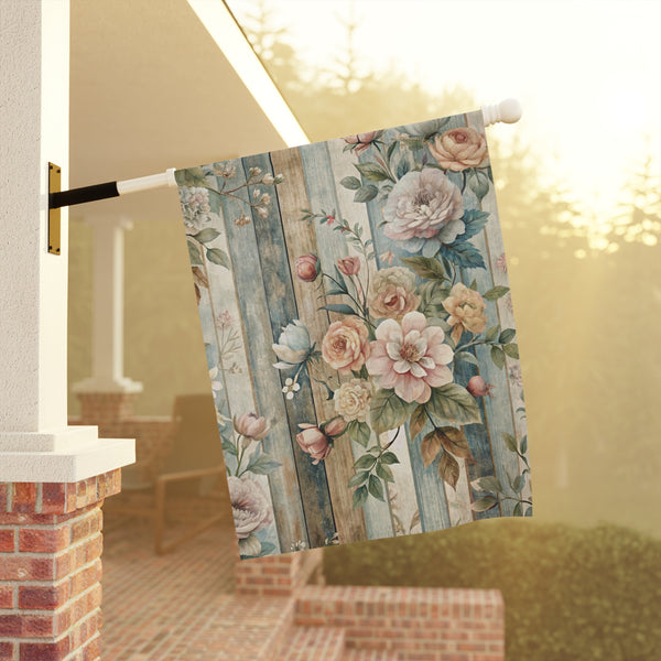 Vintage Floral Wood Plank Garden Flag Cottage Spring Porch Banner
