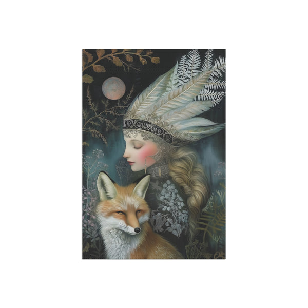 Mystic Moon Maiden & Fox Garden Flag Porch Banner Gothic Fantasy Decor