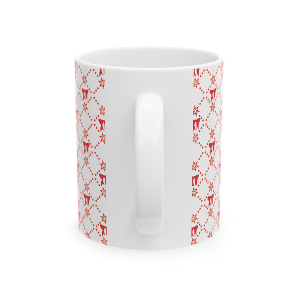 Christmas Coffee Mug, Red Bows Holiday Cup, Festive Ceramic Mug, Xmas Tea Mug