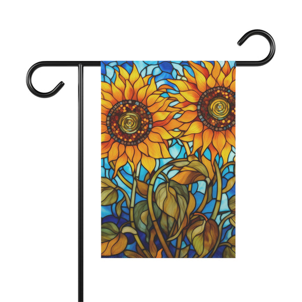 Decorative garden flag with sunflower design on a white background