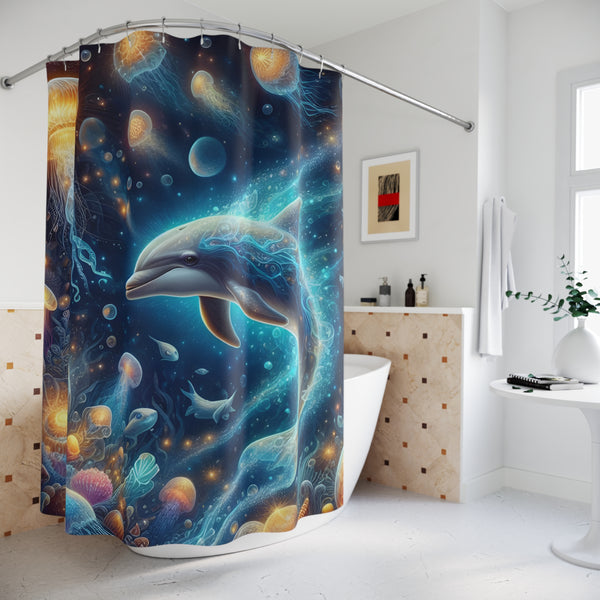 Glowing Dolphin Jellyfish Shower Curtain | Ocean Coastal Bathroom Decor