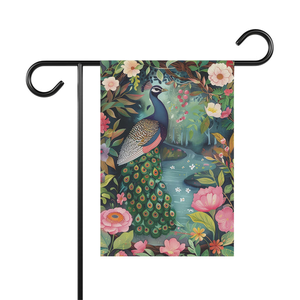 Decorative garden flag with a peacock design on a white background