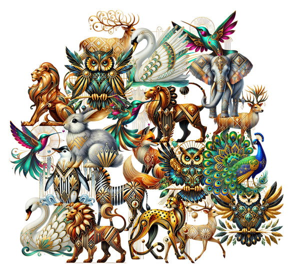 Collage of various ornate animals on a white background
