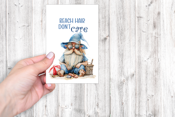 Beach Hair Don't Care Gnome Greeting Card | 4x6 Coastal Beach Card