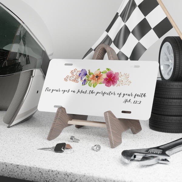 Custom front license plate with Bible verse and tropical flowers