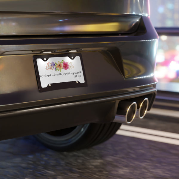 Custom front license plate with Bible verse and tropical flowers