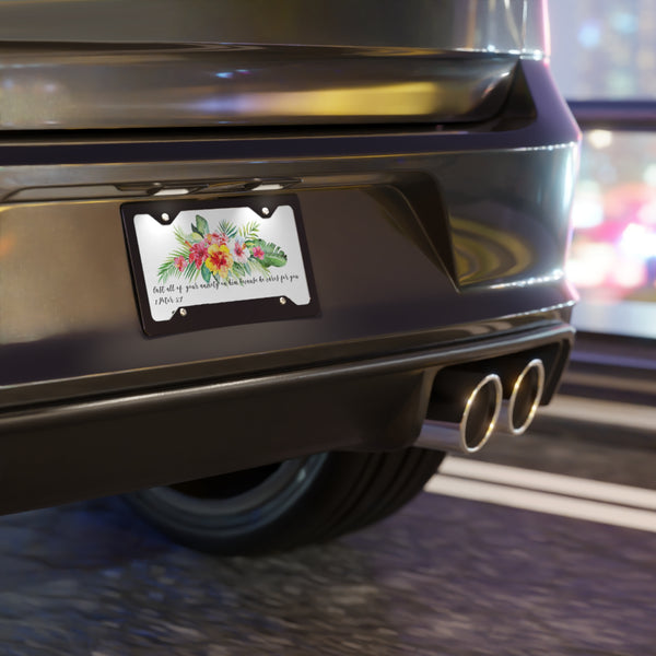 Custom front license plate with Bible verse and tropical flowers