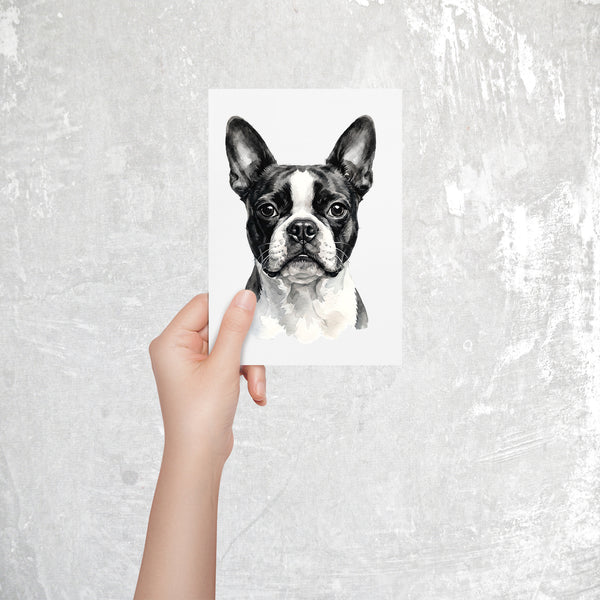 Boston Terrier Watercolor Print Dog Notecard | 4x6 Blank Inside | Cute Pet Lover Stationery