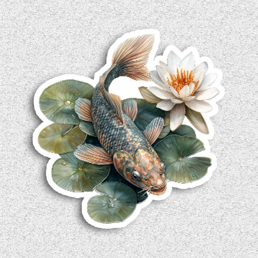 Sticker of a koi fish and water lily on a textured gray background