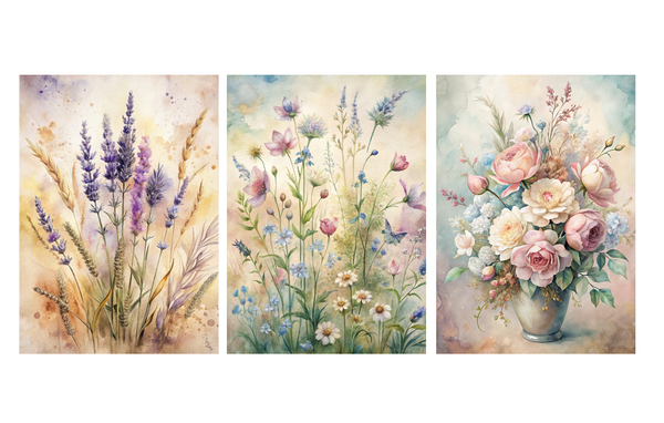 Set of 3 Floral Watercolor Art Prints – Lavender, Wildflowers & Roses – Archival Satin or Gloss Finish
