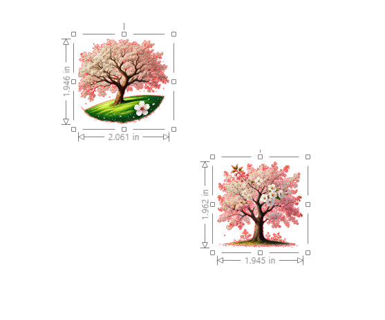 Illustration of a cherry blossom tree with measurements on a white background