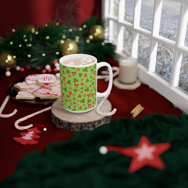 Christmas Mug with Holly and Red Bows Holiday 2 Sizes Dishwasher Safe 