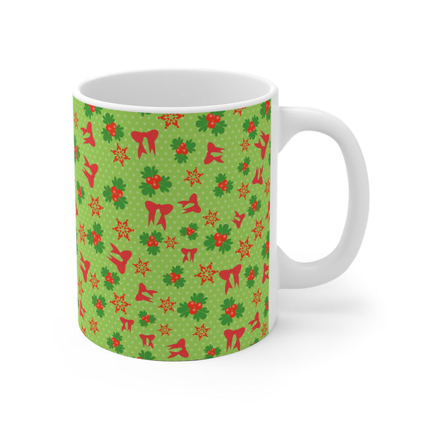 Christmas Mug with Holly and Red Bows Holiday 2 Sizes Dishwasher Safe 