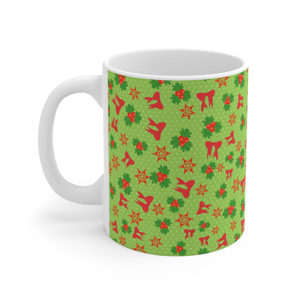 Christmas Mug with Holly and Red Bows Holiday 2 Sizes Dishwasher Safe 