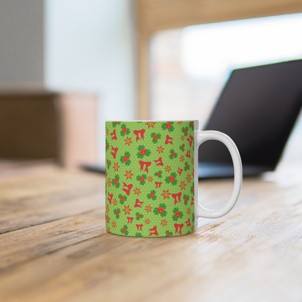 Christmas Mug with Holly and Red Bows Holiday 2 Sizes Dishwasher Safe 