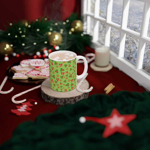 Christmas Mug with Holly and Red Bows Holiday 2 Sizes Dishwasher Safe 