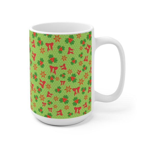 Christmas Mug with Holly and Red Bows Holiday 2 Sizes Dishwasher Safe 
