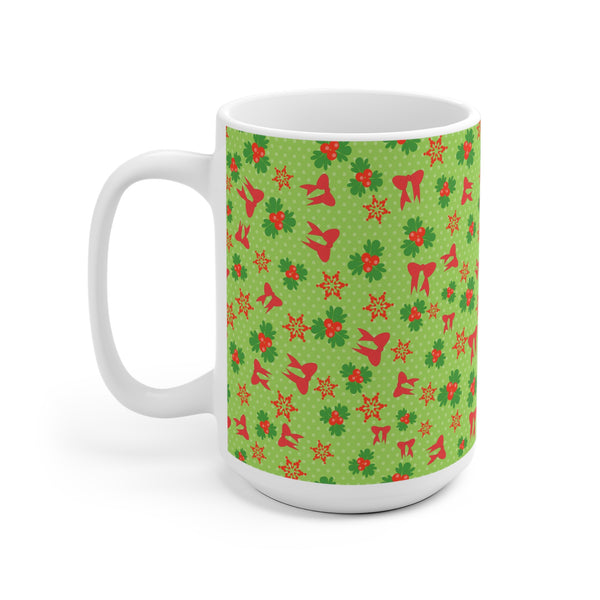 Christmas Mug with Holly and Red Bows Holiday 2 Sizes Dishwasher Safe 
