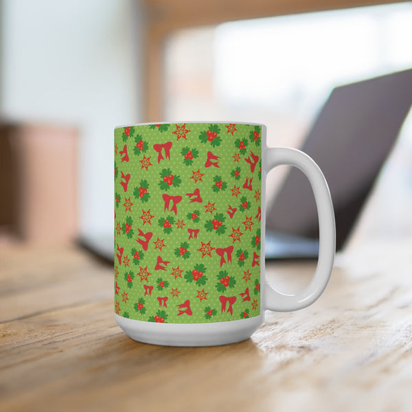 Christmas Mug with Holly and Red Bows Holiday 2 Sizes Dishwasher Safe 