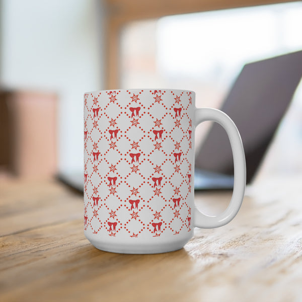 Christmas Mug with Red Bows White Ceramic Holiday Cheer 2-sizes 