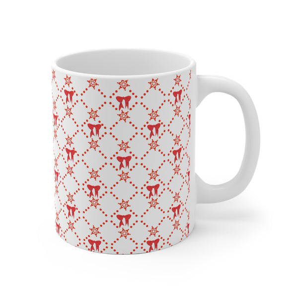 Christmas Mug with Red Bows White Ceramic Holiday Cheer 2-sizes 