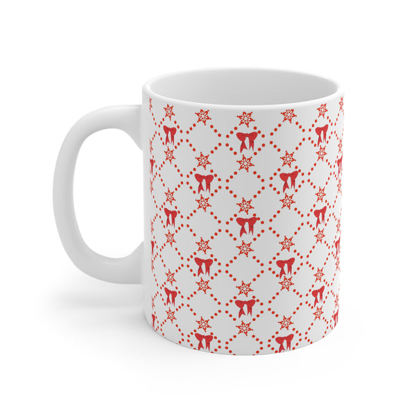Christmas Mug with Red Bows White Ceramic Holiday Cheer 2-sizes 