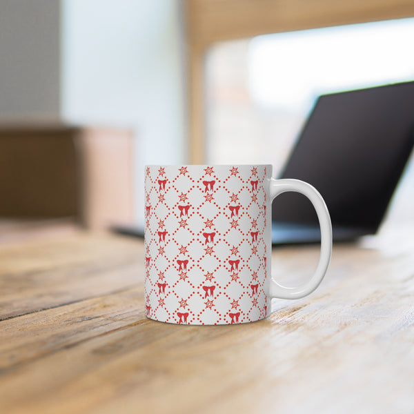 Christmas Mug with Red Bows White Ceramic Holiday Cheer 2-sizes 