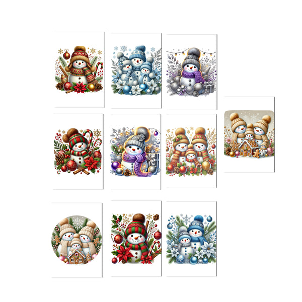 Set of Christmas-themed cards with snowmen and winter elements on a white background