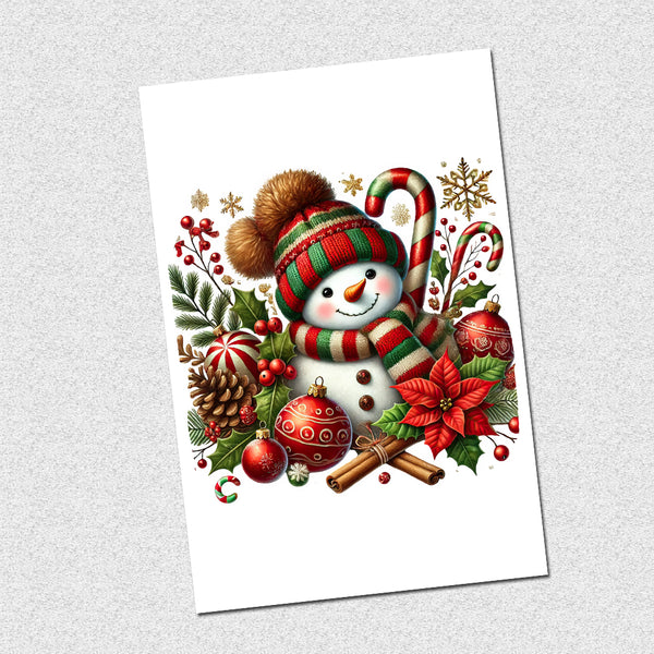 Christmas-themed card with a snowman, candy canes, and festive decorations on a white background.