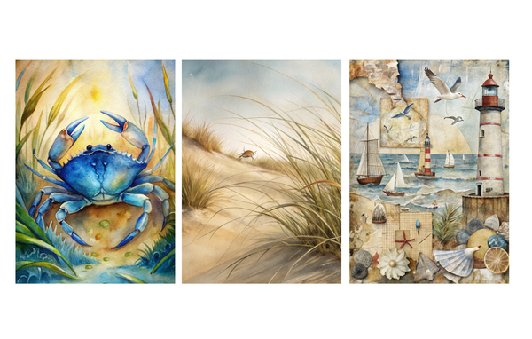 Set of 3 Coastal Watercolor Art Prints – Crab, Beach & Lighthouse – Archival Satin Photo Paper