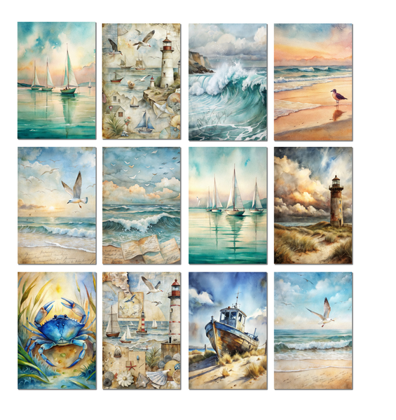 12 Coastal Serenity Art Notecards All Occasion 4x6 with Envelopes Blank Folded