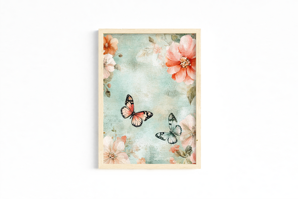 Set of 3 Butterfly & Floral Art Prints – Pastel Pink & Aqua – Archival Satin Photo Paper