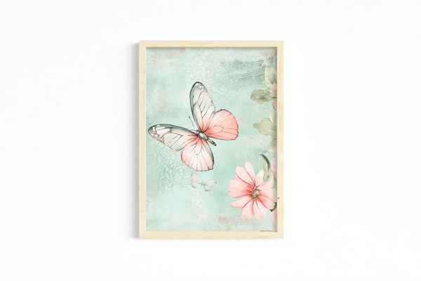 Set of 3 Butterfly & Floral Art Prints – Pastel Pink & Aqua – Archival Satin Photo Paper