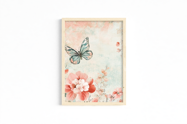 Set of 3 Butterfly & Floral Art Prints – Pastel Pink & Aqua – Archival Satin Photo Paper