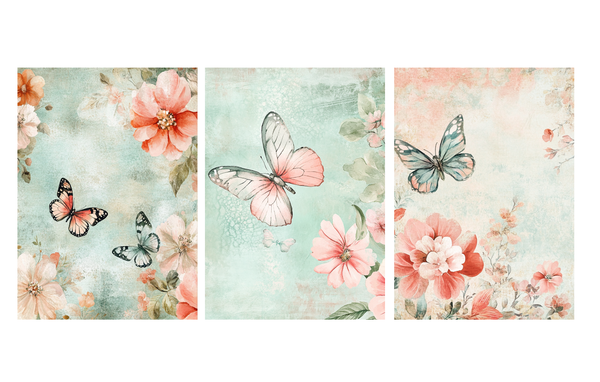 Set of 3 Butterfly & Floral Art Prints – Pastel Pink & Aqua – Archival Satin Photo Paper