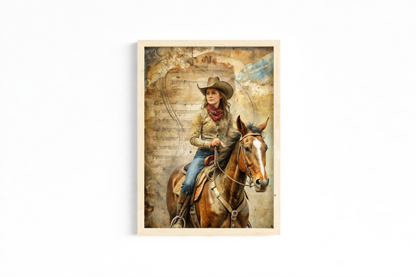 Set of 3 Unframed Western Cowgirl Art Prints – Horse & Guitar – Archival Satin Photo Paper