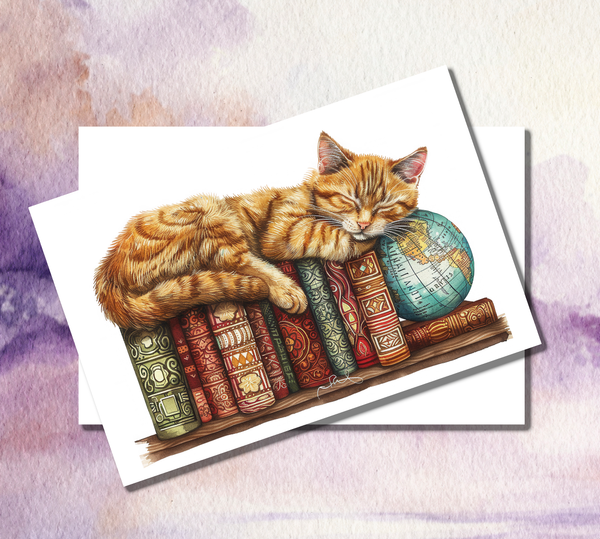 13 Cat on Bookshelf Art Notecards All Occasion 4x6 with Envelopes Blank Folded