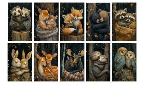 Cozy Cuddling Woodland Animals Notecard Set with Envelopes Set 10 4x6 Matte