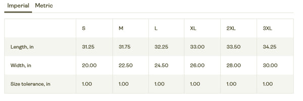 Table displaying size chart for imperial measurements with columns for S, M, L, XL, 2XL, and 3XL.