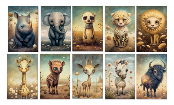 Cute Safari Animal Notecard Set 10 4x6 Blank Cards Envelopes African Wildlife
