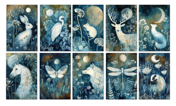 Moonlit Cyanotype Woodland 4x6 Notecard Set – 10 Nature Cards