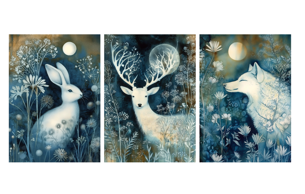 Set of 3 Unframed Woodland Animal Art Prints – Deer, Wolf & Rabbit – Archival Satin Photo Paper
