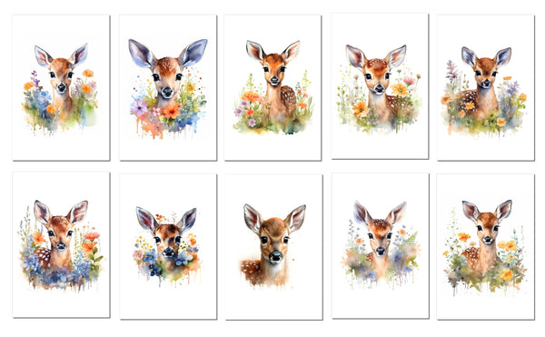 10 Watercolor Deer Notecards All Occasion 4x6 with Envelopes Blank Folded