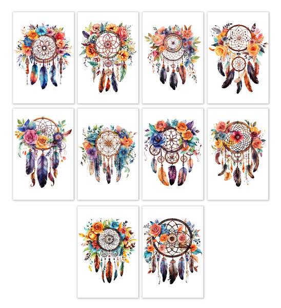 10 Handmade Watercolor Dreamcatcher Notecards – Blank Inside – Folded 4x6 Every Occasion Cards with White Envelopes