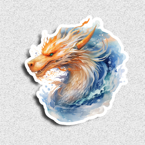 Sticker of a dragon with orange and blue colors on a textured gray background